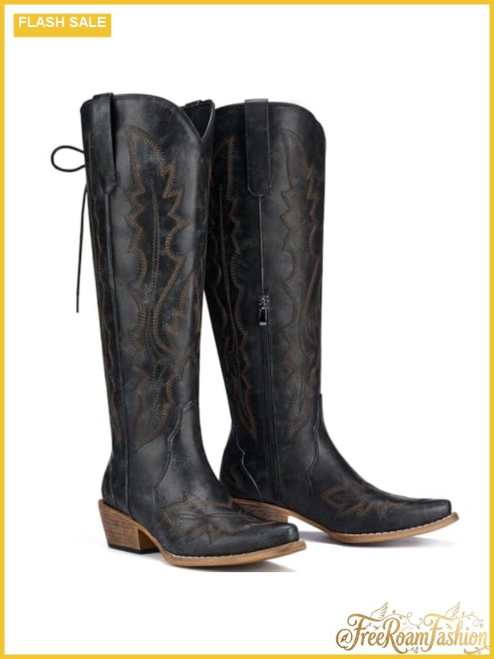 Wide Calf Knee High Cowboy Boots Lace Up Snip Toe Cuban Heel Side Zip
